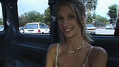 Tramp-stamped slut with a tanned butt gets fucked in a mini van