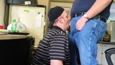 Daddy trucker dumps a quick load in Chubby Boy's mouth...